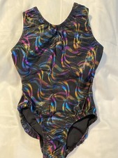 Girl's Go For The Gold Black Leotard Purple Gold Blue Metallic Ribbons Size M
