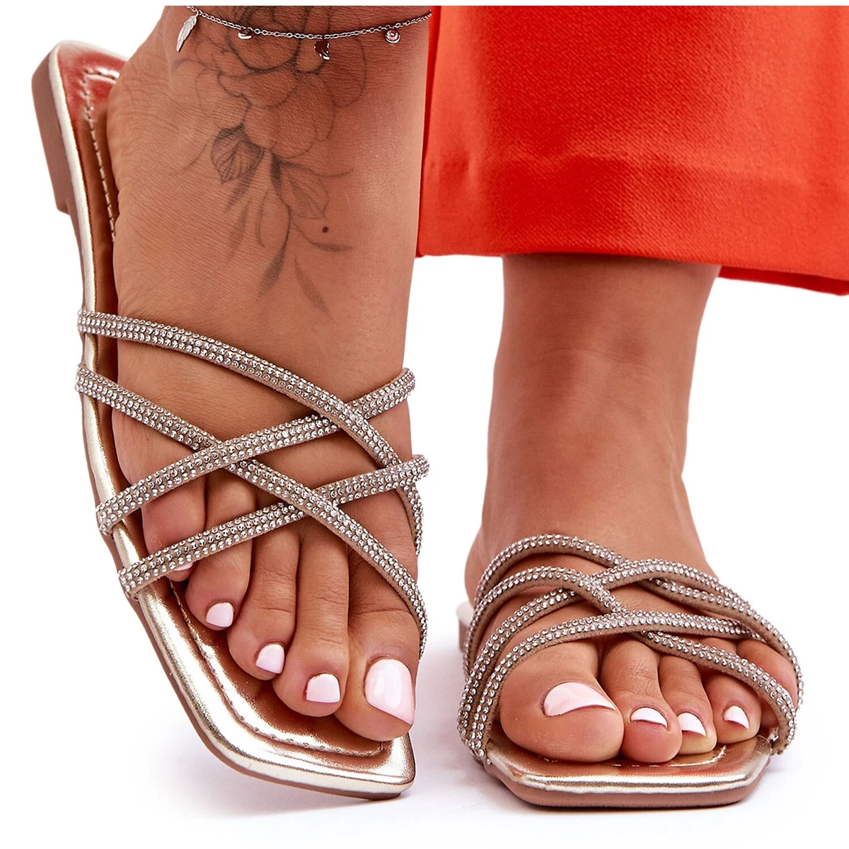 Women s Slippers With Stripes And Rhinestones Golden Leomi eBay