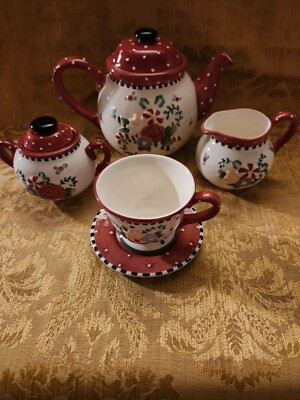 Mary Engelbreit  At Home Christmas Spice Tea Pot, Cream & sugar, cup & saucer