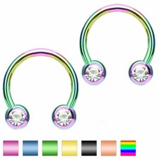 PAIR 16G 1/4" RAINBOW or BLACK FRONT CZ GEM HORSESHOE NOSE Daith Ear Tragus Hoop
