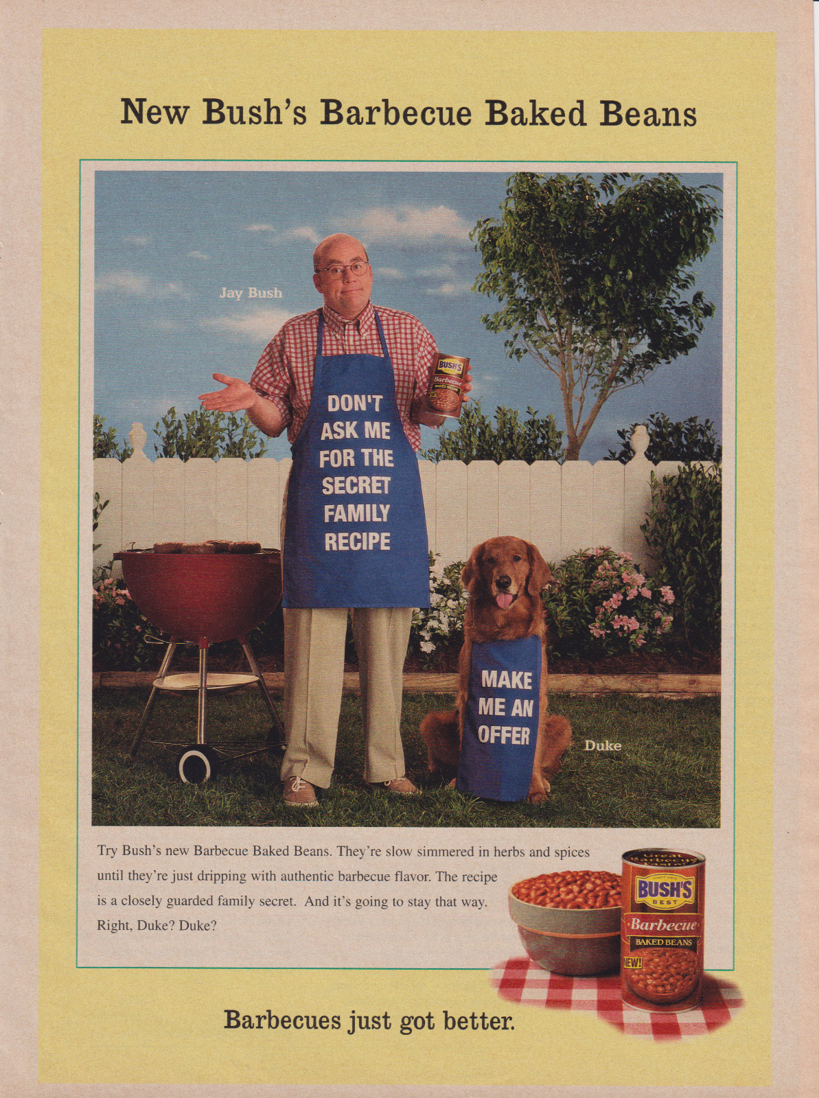 Bush's Baked Beans Vintage 1999 Magazine Print Ad Page Jay Bush Duke Barbecue