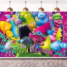 Telón de fondo de feliz cumpleaños tema Trolls 5x3,5 pies, para decoración de fiesta de cumpleaños para niños