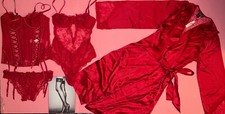 Victoria's Secret S 34B GARTER CORSET SET crotchless panty TEDDY ROBE RED lace