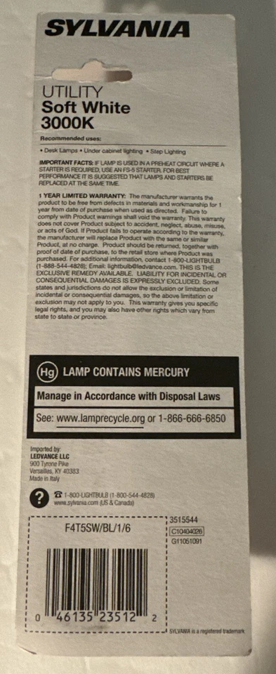 UTILITY Soft White 3000K Sylvania T5 Bulb 130 Lumens 6” New - Image 3 of 3