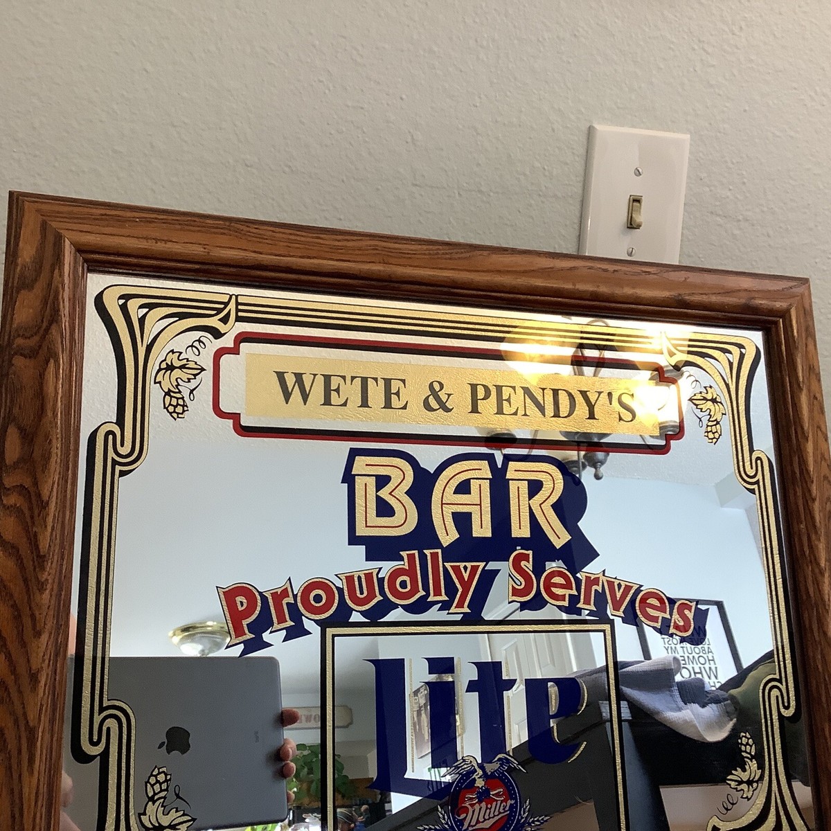 WETE & PENDY'S Miller Lite Beer Bar Mirror Wood Frame Sign WETE & PENDY'S Miller Lite Beer Bar Mirror Wood Frame Sign