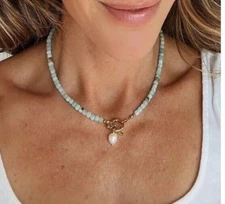 Beaded Amazonite Necklace w/ Removable Pearl and Gold Toggle Clasp Non-Tarnish