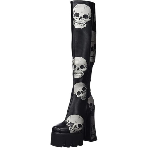 Stivali La Moda "Dolls Kill" Goth Platform neri al ginocchio teschi tacco a blocco - Foto 5 di 9