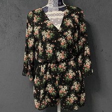 Everly Surplice Romper Women S Black Moody Floral Dark Bohemian Long Bell Sleeve