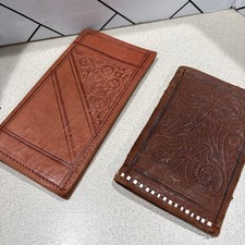2 Vintage Moroccan Soft Leather Tooled Wallet Unisex Tan Brown Billfold Checkboo