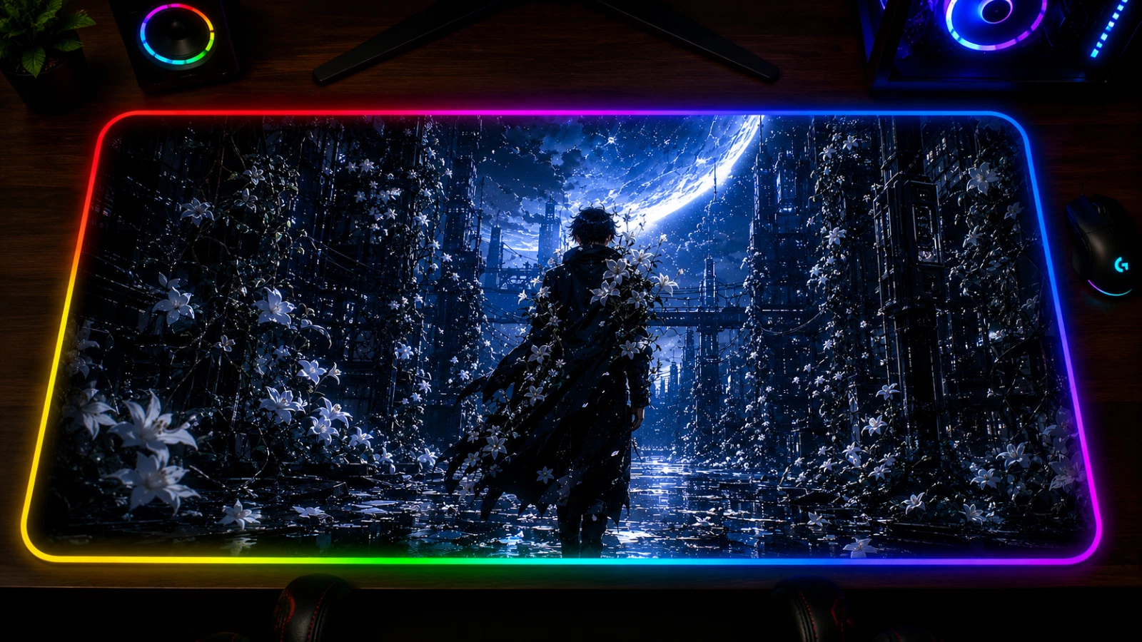 Fool Night RGB XXL Mouse Pad Anime Dystopian Sci-Fi Gaming Desk Mat with LED Lighting