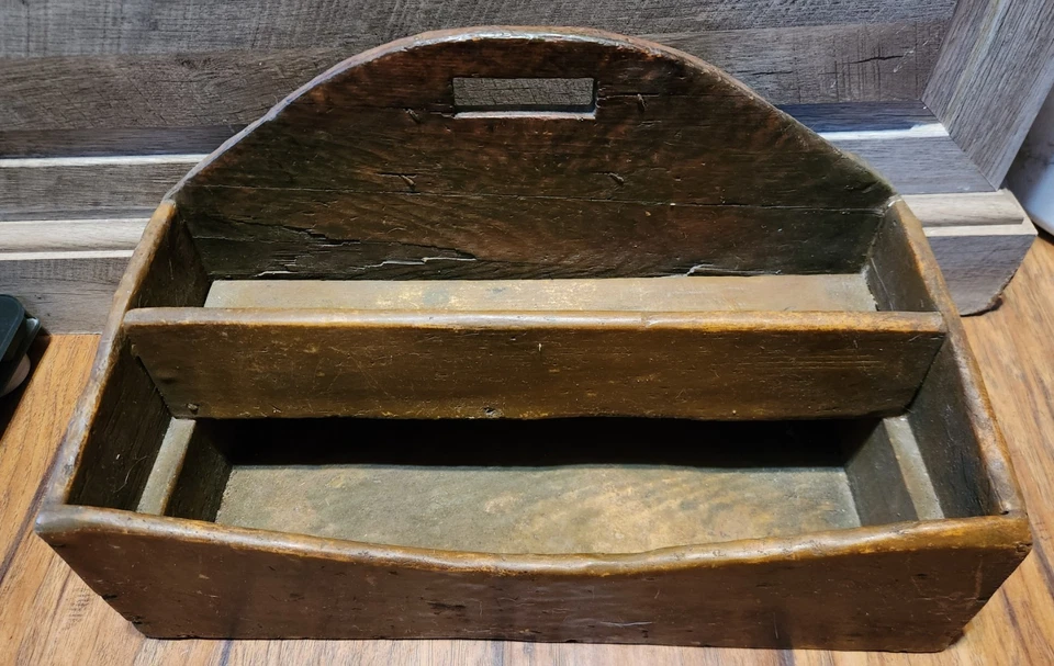 Antique 19th C Primitive Large 2-Tier Wall Box / Shelf Early Wood Caddy - Image 4 of 4