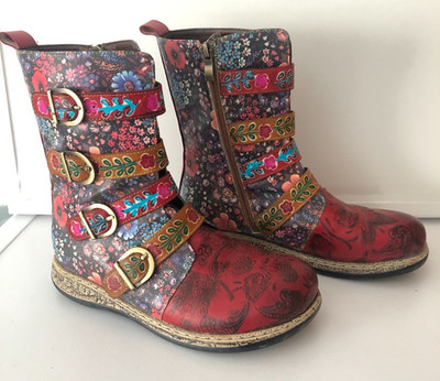 CrazycatZ Damen Leder Stiefel bunt gemustert  Reißverschluss Langschaft