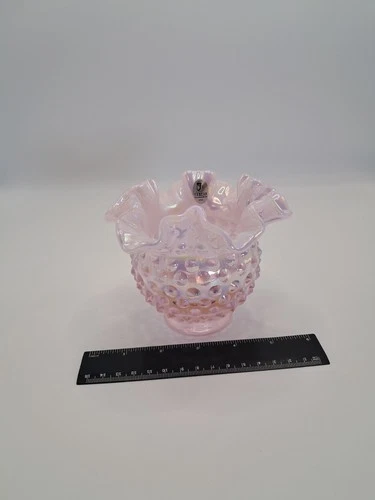 Vintage Fenton Art Glass Opalescent Pink Hobnail Rose Bowl Vase Crimped Wazy rim
