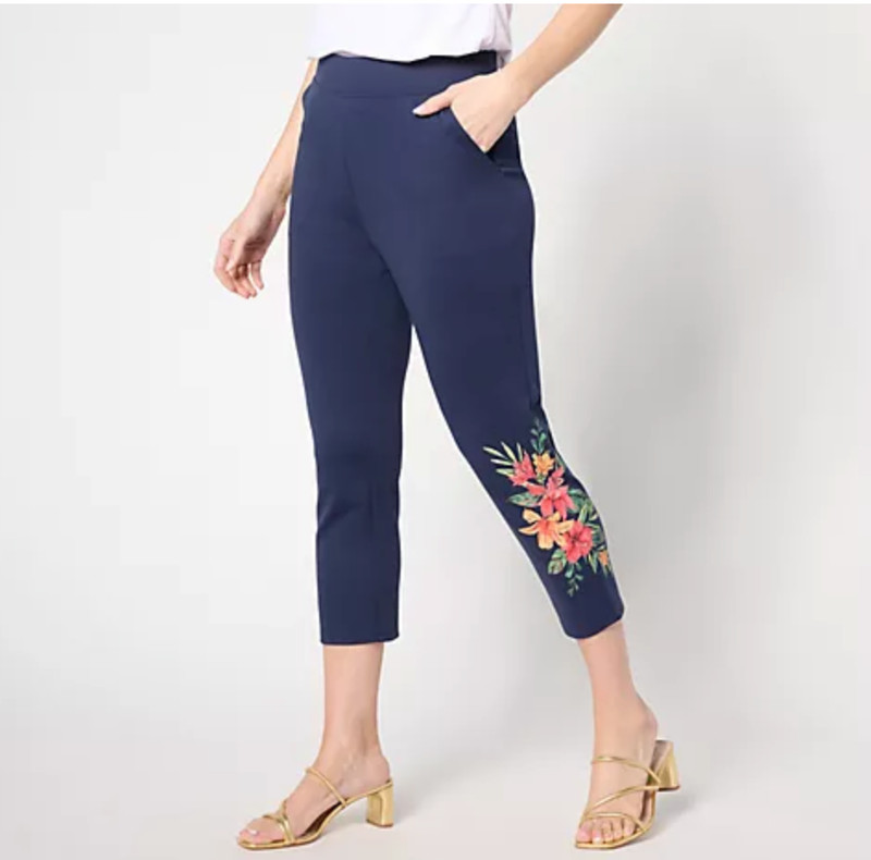 Denim & Co. Navy L Regular Placement Print Pull-On Slim Crop Pants A647763