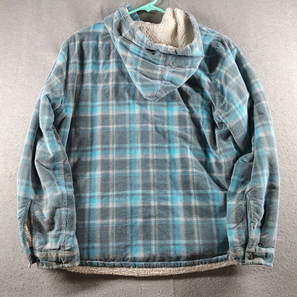 Chaqueta con Capucha Soho Threads Para Mujer L Azul a Cuadros Forrada Sherpa Pana Abotonada Foto 3 de 4