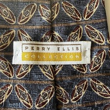Perry Ellis Collection Mens Silk Tie Blue Brown Geometric Medallion Made in USA