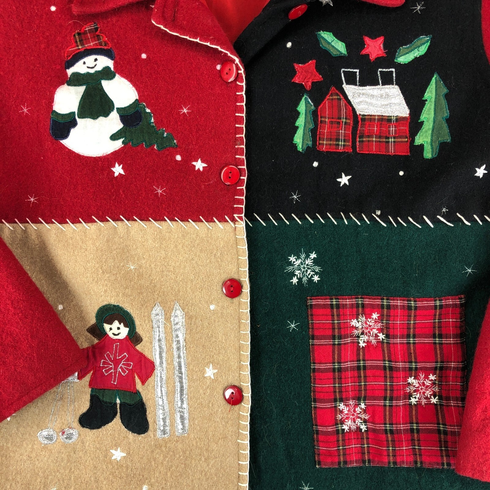 Vintage Winter Christmas Patchwork Wool Button Up… - image 3