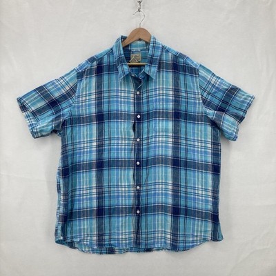 L.L.Bean Shirt Mens 2XL Blue Plaid Linen Short Sleeve Button Down Fitted Preppy