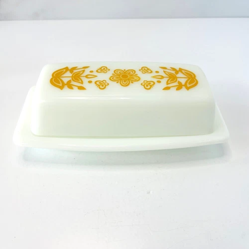 💠 Pyrex Butterfly Gold Butter Dish White Milk Glass Vintage 1970s w Lid