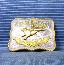 Rodeo Bull Riding Cowboy Belt Buckle Bright Floral Scroll Roped Vtg 90s .TYC590