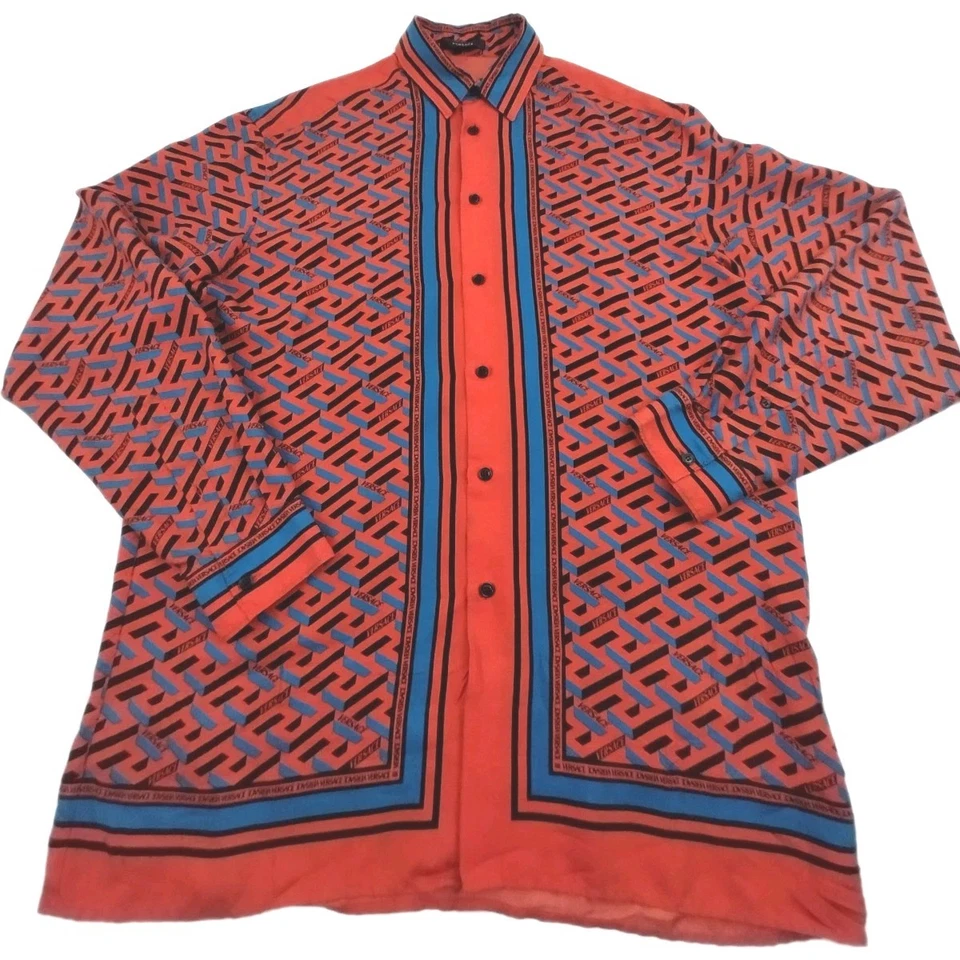 Camisa Versace Roja/Multicolor Estampado La Greca Seda 40 Heritage Fit Auténtica RFID Foto 3 de 4