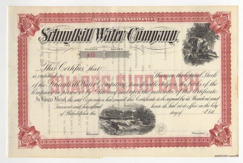 Schuylkill Water Company Stock Certificate - Picture 1 of 3
