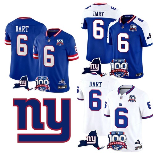New Men's Giants 6 Jaxson Dart 100th Alternate RoyalWhite Stitched Jersey  NWT=