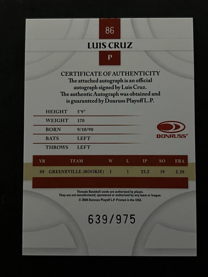 2008 Donruss Threads Signatures Gold Luis Cruz Auto /975 Houston Astros #86 - Image 2 of 2