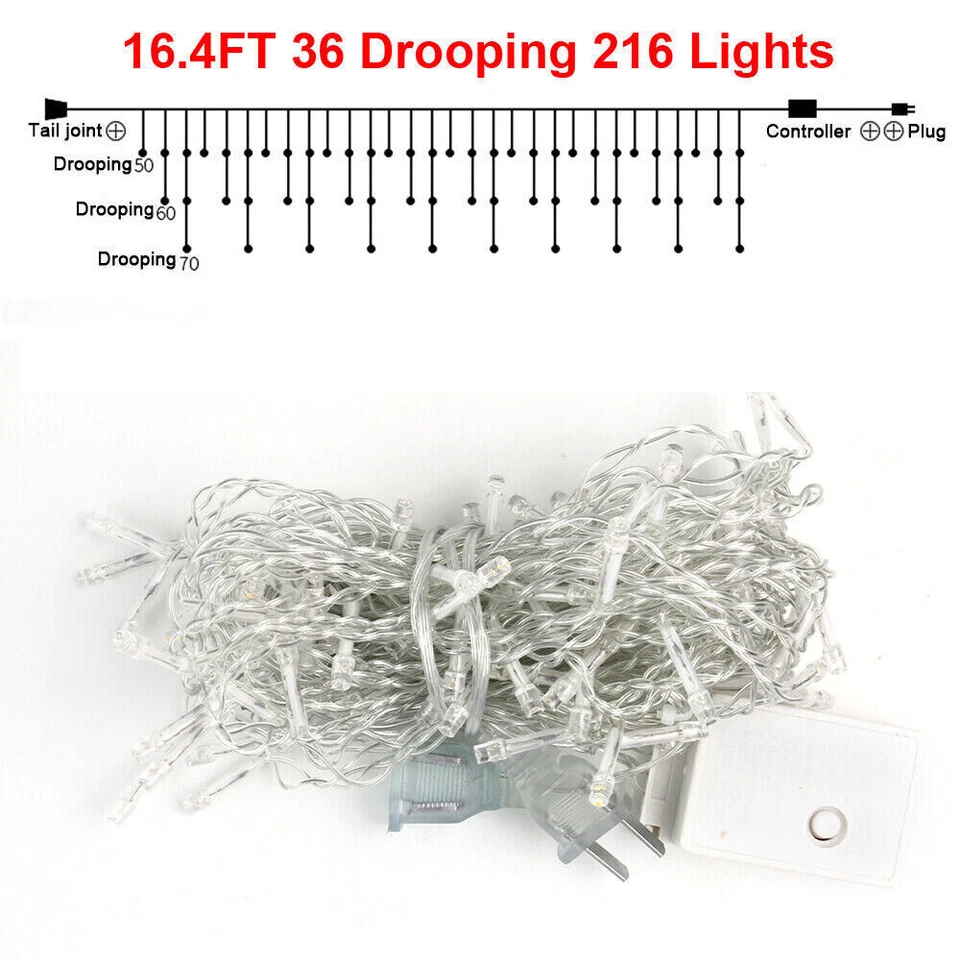 Christmas Lights Outdoor Decor 216LEDs Icicle Xmas Window Fairy Twinkly Plug In - Image 2 of 4