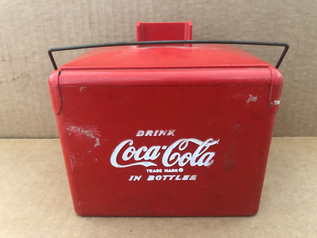 Vintage COCA-COLA Red Plastic Toy Miniature Cooler w/ Metal Handle