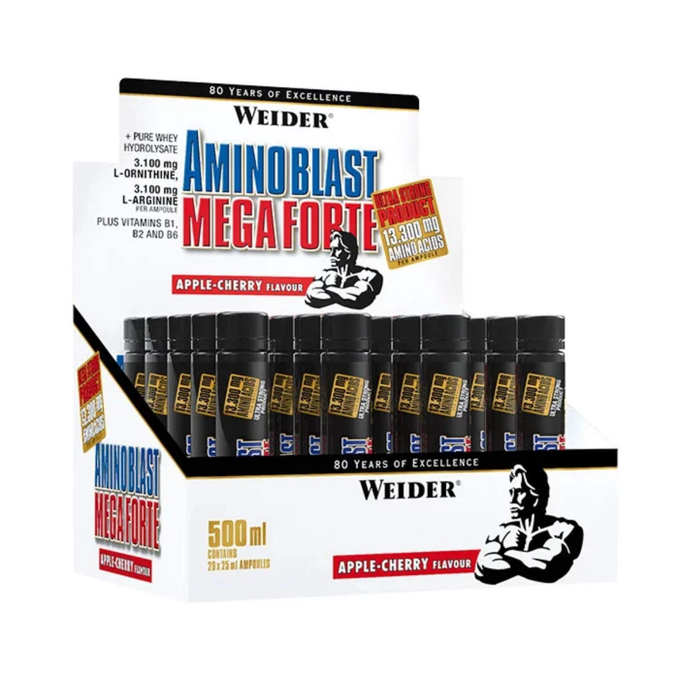 (81,80 EUR/l) Weider Amino Blast Mega Forte 20x25 ml Ampullen Apfel-Kirsche NEU
