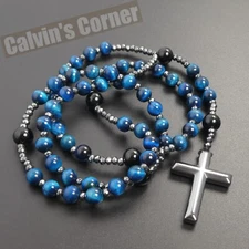Blue Tiger Eye Black Onyx Black Hematite Cross Rosary Necklace Men Women Gift