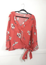 Image of OASIS - Size 18 Coral Pink Wrap Side Floral Print Tie Top SUMMER / Holiday BNWT
