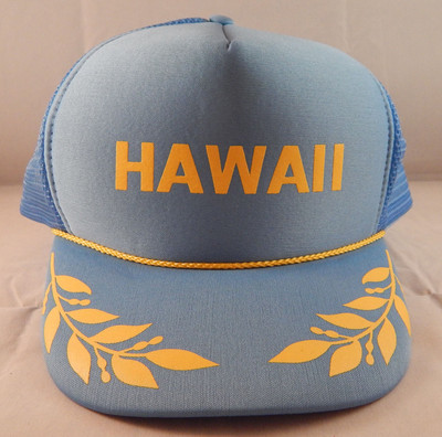 Vintage Hawaii Blue Mesh yellow lettering trucker hat cap snapback printed decal