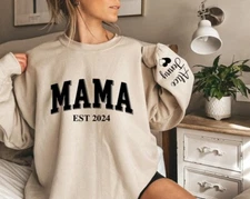 Personalized Mama Sweatshirt With Kids Name On Sleeve, Mama Est Hoodie