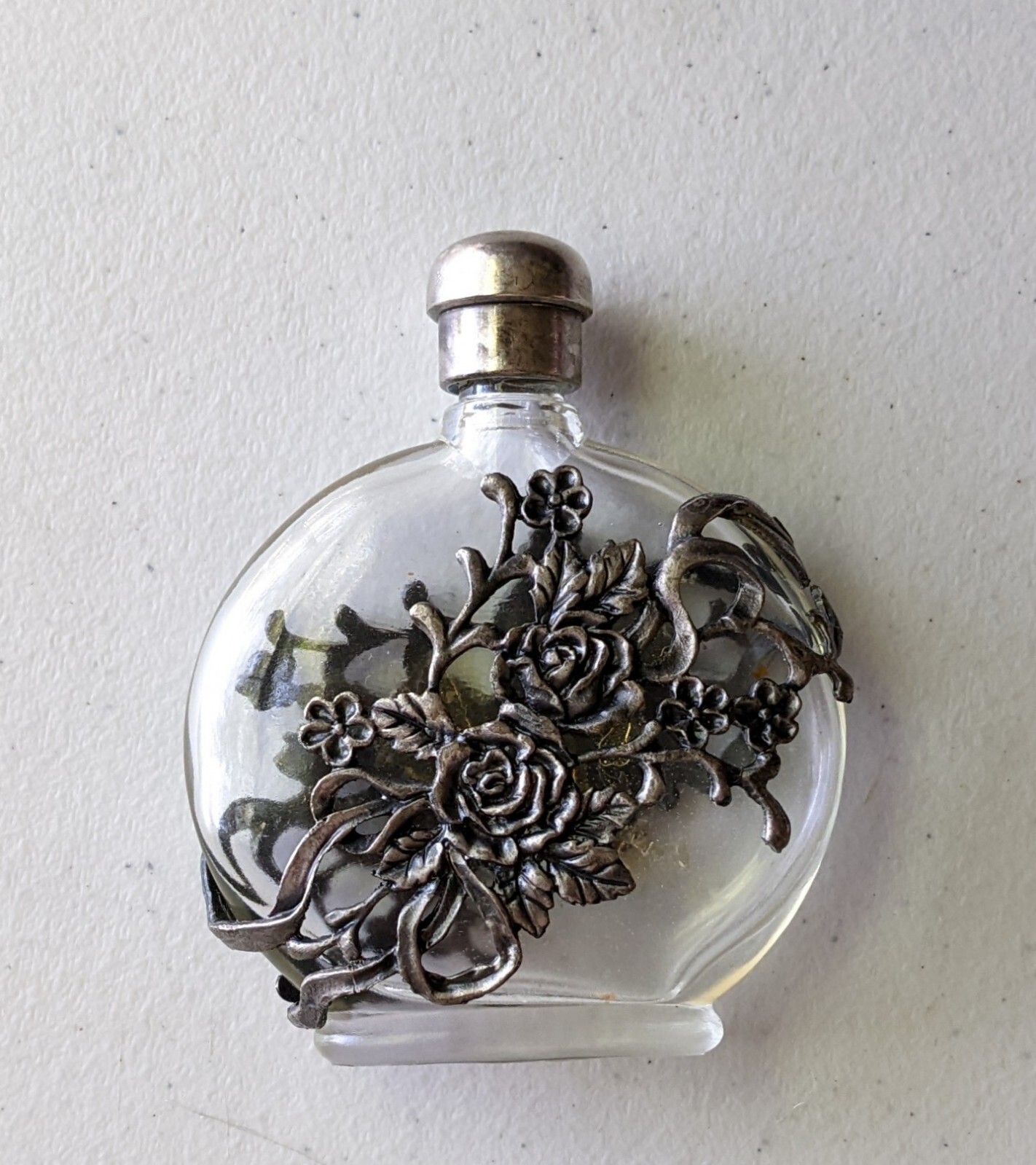 vtg French Rose Perfume Bottle Parfum Flacon w Pewter Stopper Screw On
