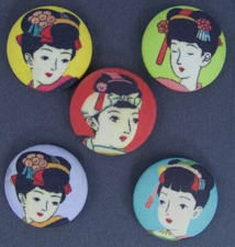 FABRIC COVERED PICTURE BUTTON -SET OF 5 - GEISHAS