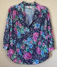 VTG 80s Womens Bright Floral 3/4 Sleeve Retro Tropical Granny ColorPop USA MADE!