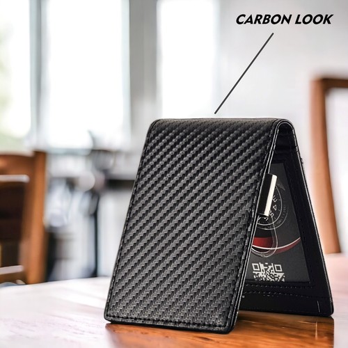 Portafoglio in Carbon Look Clip Metallica Pelle PU Slim Uomo Slim RFID 11 Carte - Zdjęcie 6 z 7
