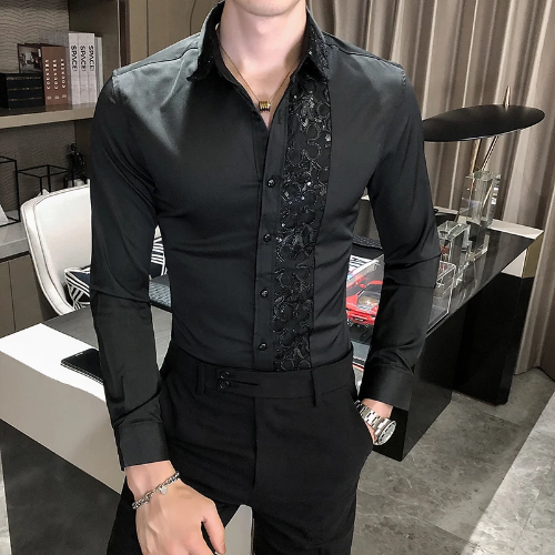British Style Shine Lace Splicing Banquet Dress Shirts Slim Tuxedo Shirt  Stage