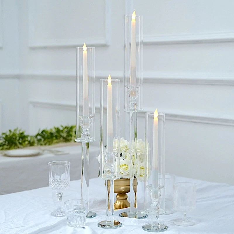 4 CLEAR Crystal Hurricane Taper CANDLE HOLDERS Cylinder Glass Shades Party  Event