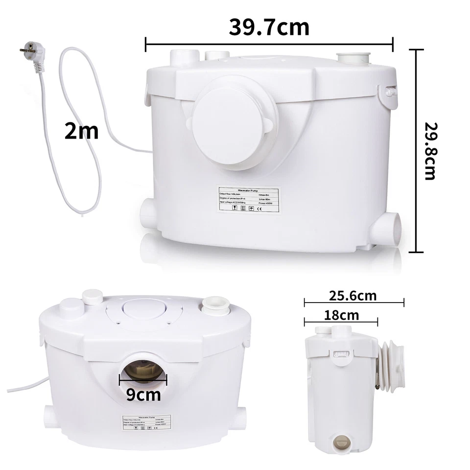 400W Hebeanlage 145L/min Abwasserpumpe Fäkalienpumpe Schmutzwasser WC Häcksler - Bild 4 von 4