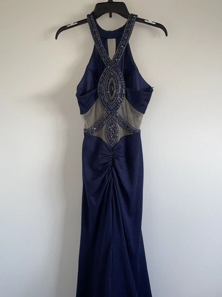 Vestido de novia largo con cuello halter azul oscuro para mujer vestido formal con cuentas talla XS Foto 4 de 4