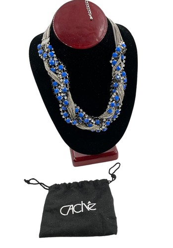 Cache’ Woman’s Rhinestone Twisted Necklace Blue Black Silver Original Bag