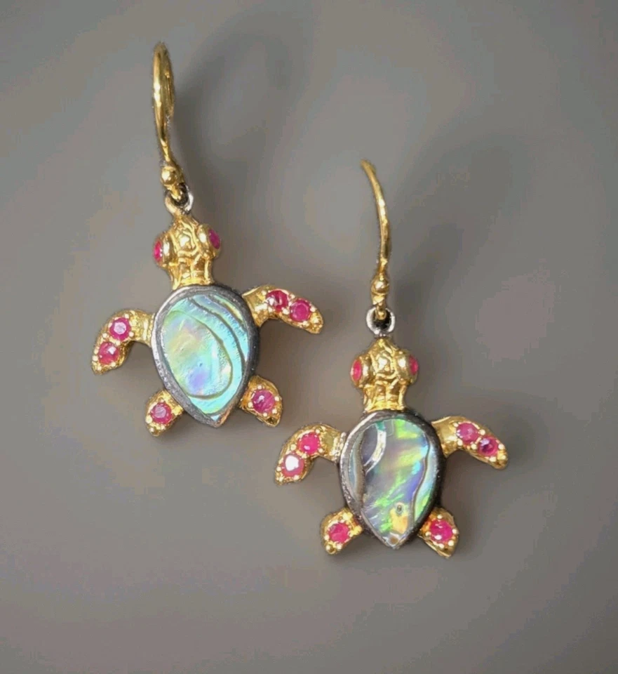 Висячие серьги-крючки из серебра 925 пробы с инкрустацией натуральным абалоном и рубином 2028 - Изображение 3 из 4