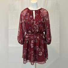 Vince Camuto Lined Burgandy Floral Long Sleeve Dress Sz 12