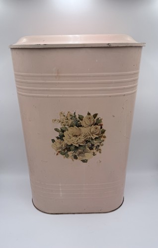 VTG PINK FLORAL Metal Clothes Hamper / Trash Can - Mid Century Modern 24”