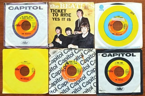 THE BEATLES Six 45 RPM Records Including Ticket to Ride in Picture Sleeve