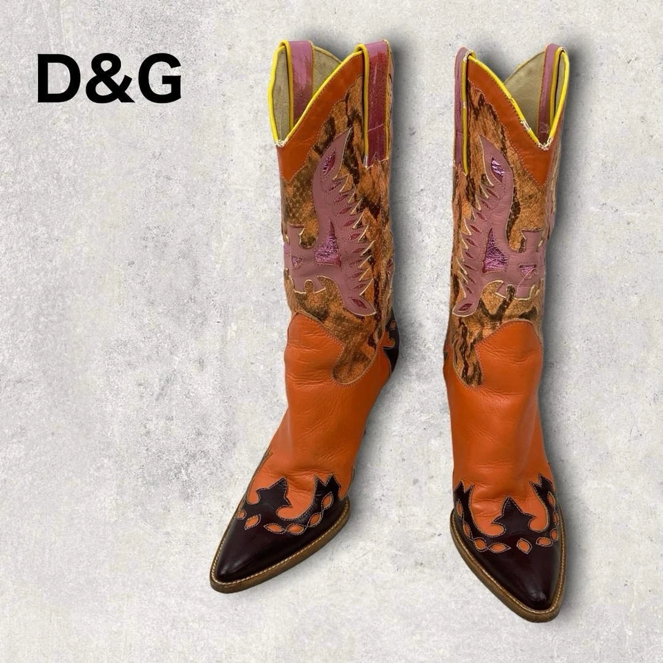 Botas de Vaquero D&G Raras de Cuero Naranja con Tacón Talla 36 Foto 2 de 4