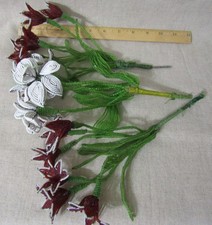 Vintage French Glass Beaded Flower Handmade Art Decor red and white